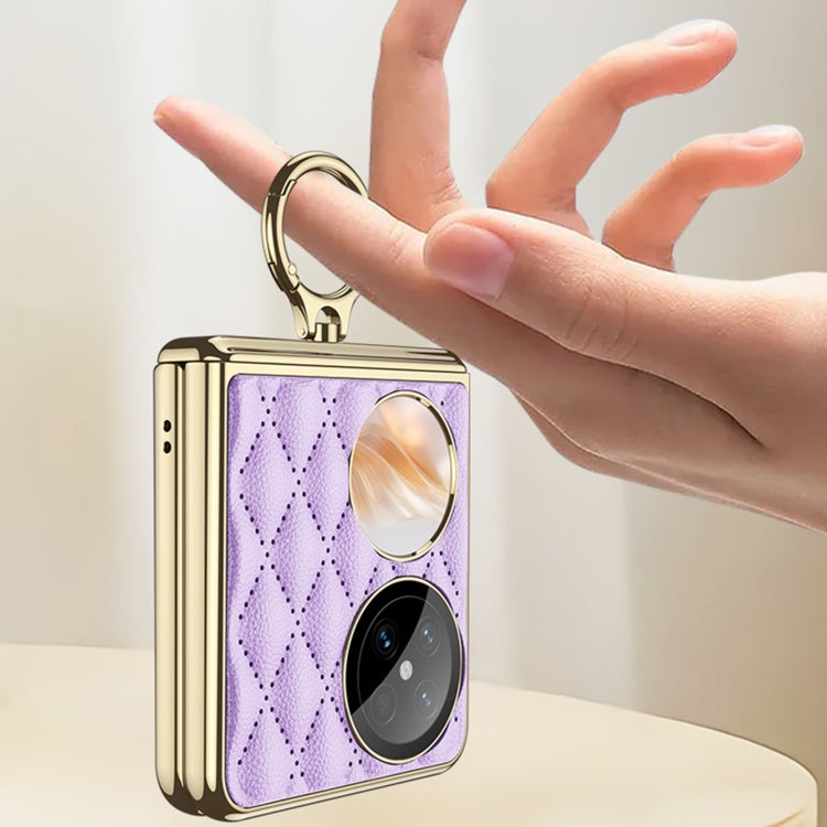 For Huawei Pocket 2 GKK Rhombus Pattern Electroplated Leather Phone Case with Ring(Champagne Gold)