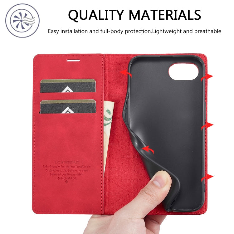 For iPhone 17e / 16e LC.IMEEKE Strong Magnetism Microfiber Leather Phone Case(Red)