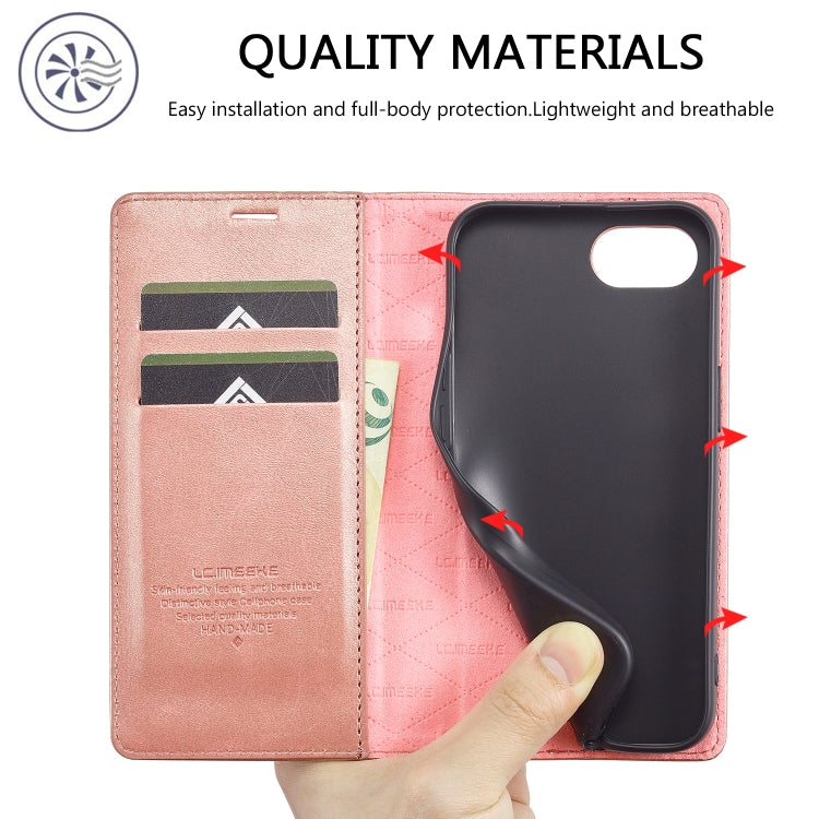 For iPhone 17e / 16e LC.IMEEKE Strong Magnetism Microfiber Leather Phone Case(Rose Gold)