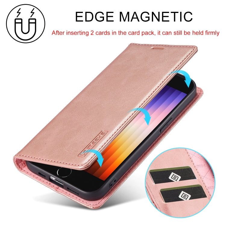 For iPhone 17e / 16e LC.IMEEKE Strong Magnetism Microfiber Leather Phone Case(Rose Gold)