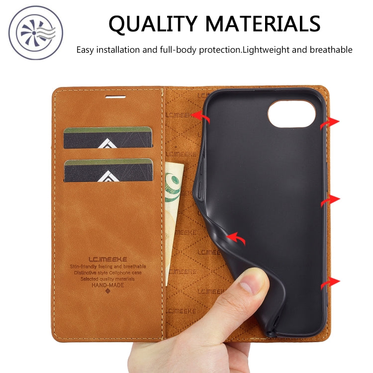 For iPhone 17e / 16e LC.IMEEKE Strong Magnetism Microfiber Leather Phone Case(Brown)