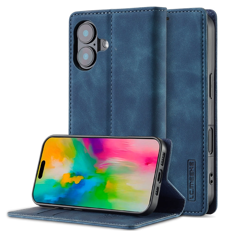For iPhone 16 LC.IMEEKE Strong Magnetism Microfiber Leather Phone Case(Blue)