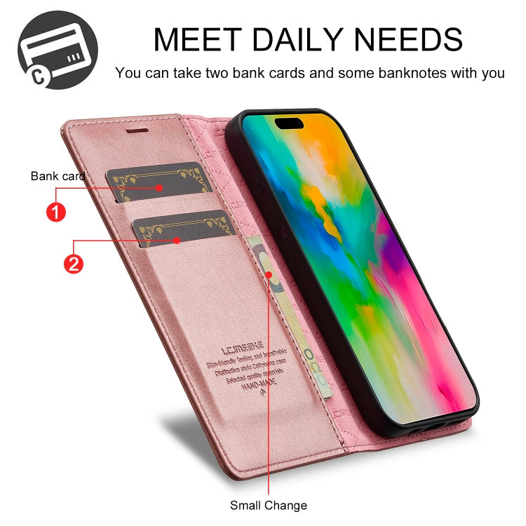 For iPhone 16 LC.IMEEKE Strong Magnetism Microfiber Leather Phone Case(Rose Gold)