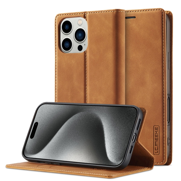 For iPhone 16 Pro LC.IMEEKE Strong Magnetism Microfiber Leather Phone Case(Brown)