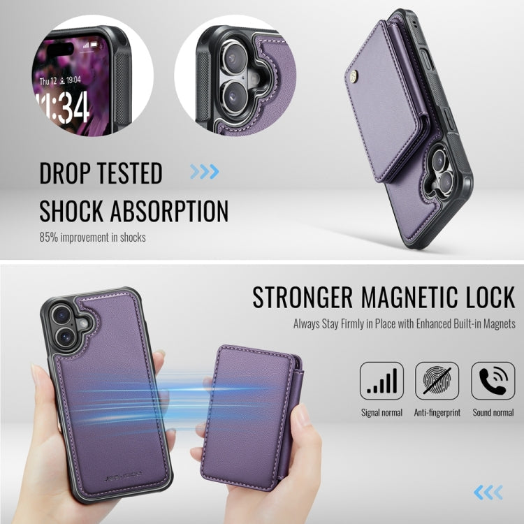 For iPhone 16 JEEHOOD J05 Business Magnetic Style RFID Leather Phone Case(Purple)