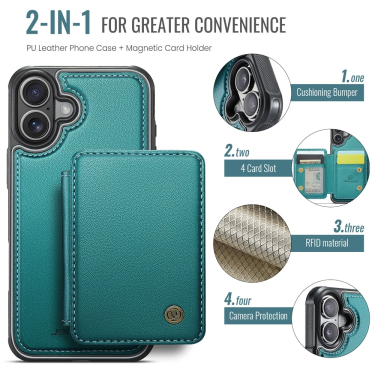 For iPhone 16 JEEHOOD J05 Business Magnetic Style RFID Leather Phone Case(Blue Green)