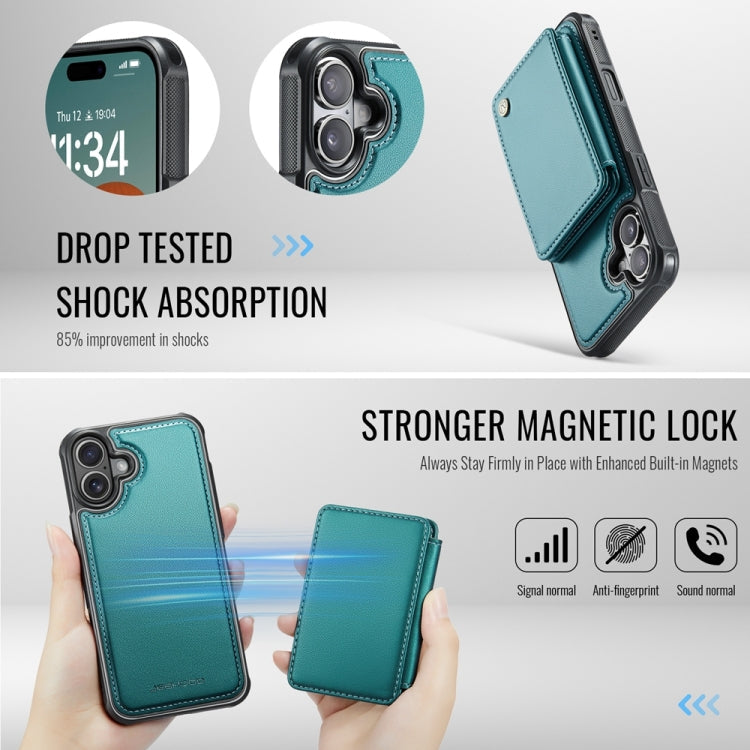For iPhone 16 JEEHOOD J05 Business Magnetic Style RFID Leather Phone Case(Blue Green)