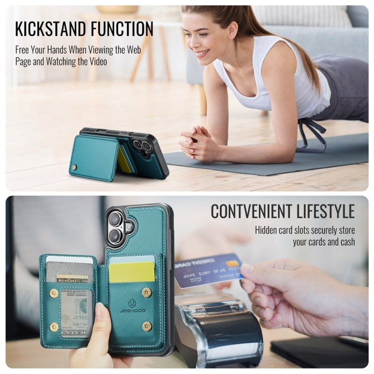 For iPhone 16 JEEHOOD J05 Business Magnetic Style RFID Leather Phone Case(Blue Green)