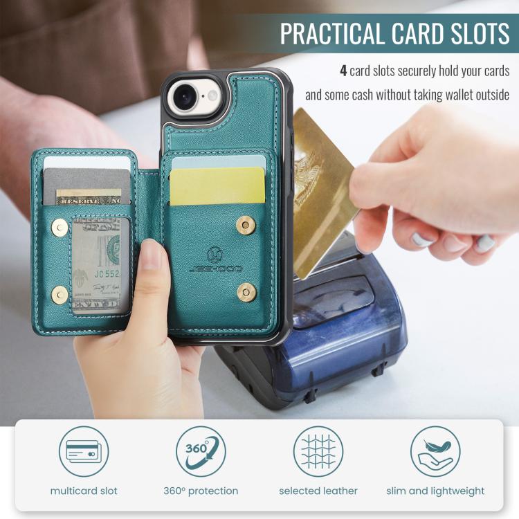 For iPhone 17e / 16e JEEHOOD J05 Business Magnetic Style RFID Leather Phone Case(Blue Green)