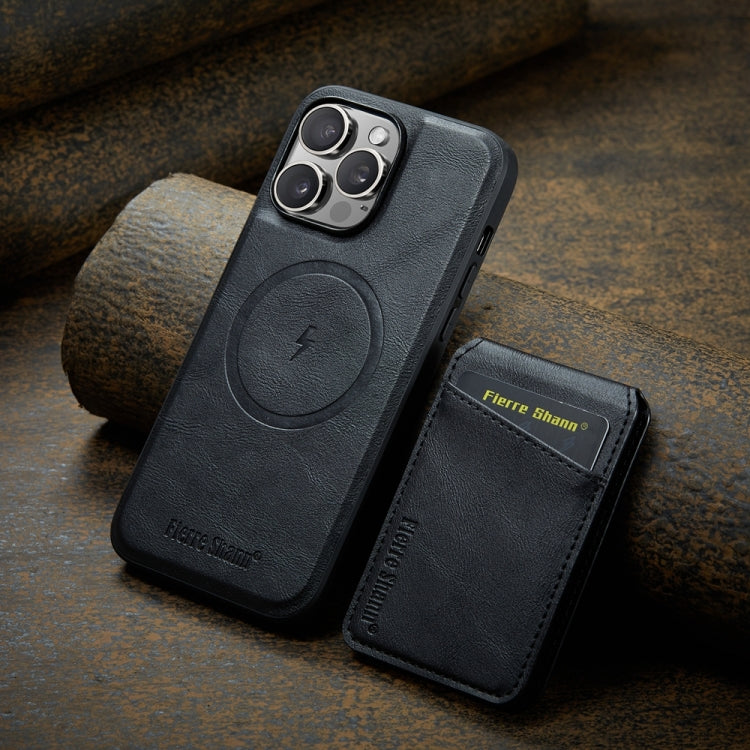 For iPhone 15 Pro Max Fierre Shann Cowhide Vertical Flip Magnetic Card Holder Phone Case(Black)