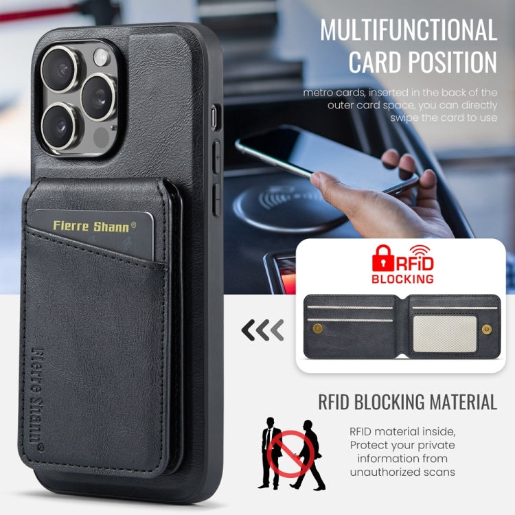 For iPhone 15 Pro Max Fierre Shann Cowhide Vertical Flip Magnetic Card Holder Phone Case(Black)