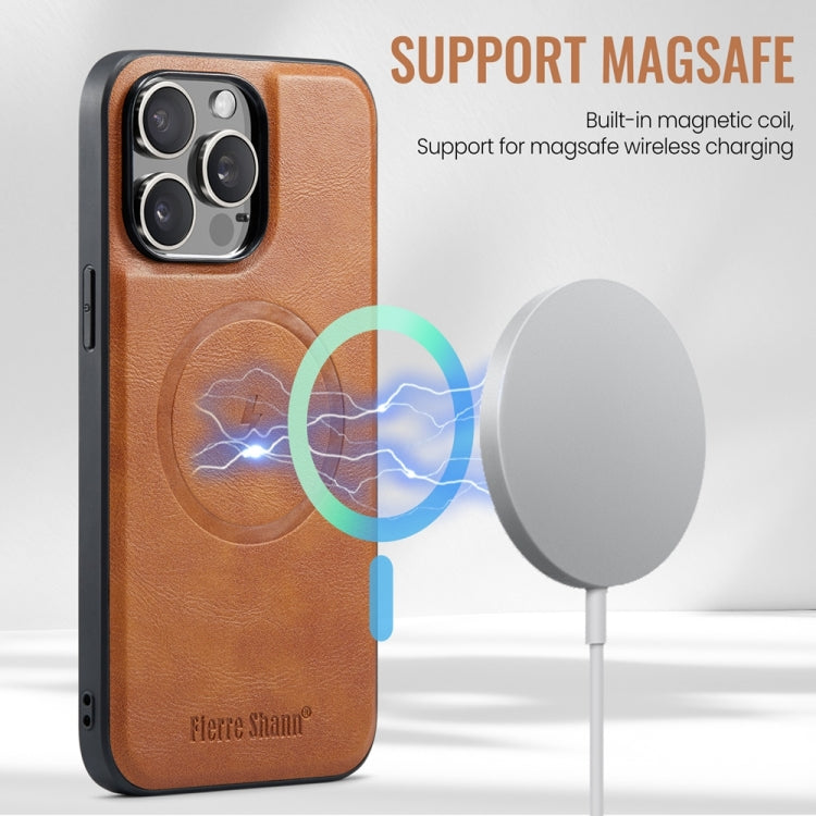For iPhone 15 Pro Max Fierre Shann Cowhide Vertical Flip Magnetic Card Holder Phone Case(Brown)