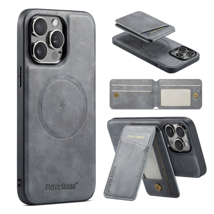 For iPhone 15 Pro Max Fierre Shann Cowhide Vertical Flip Magnetic Card Holder Phone Case(Grey)