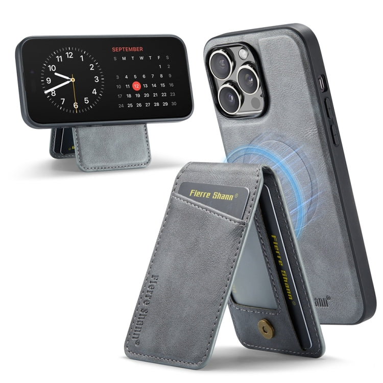 For iPhone 15 Pro Max Fierre Shann Cowhide Vertical Flip Magnetic Card Holder Phone Case(Grey)
