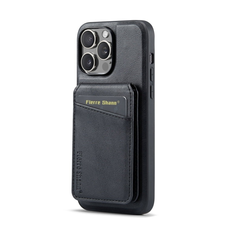 For iPhone 15 Pro Fierre Shann Cowhide Vertical Flip Magnetic Card Holder Phone Case(Black)