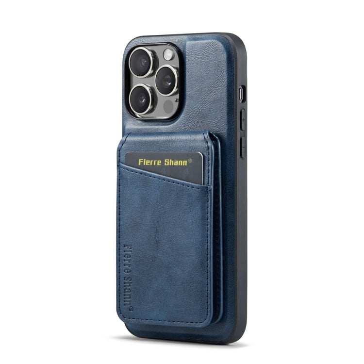 For iPhone 15 Pro Fierre Shann Cowhide Vertical Flip Magnetic Card Holder Phone Case(Blue)