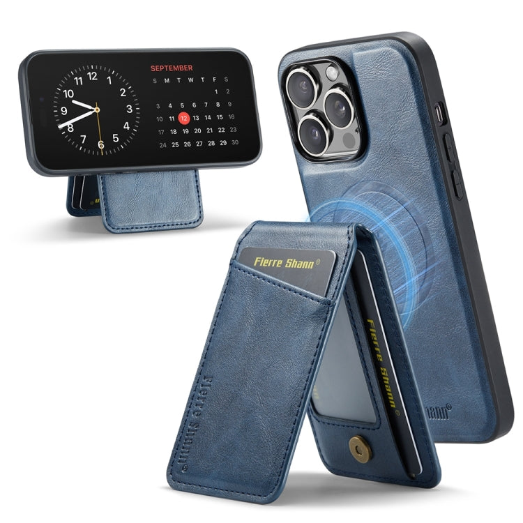 For iPhone 15 Pro Fierre Shann Cowhide Vertical Flip Magnetic Card Holder Phone Case(Blue)
