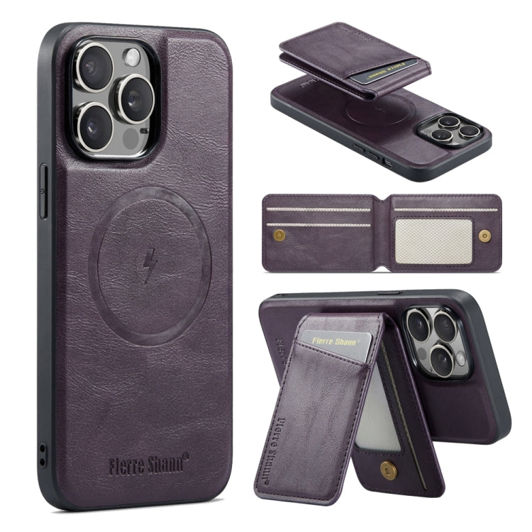For iPhone 15 Pro Fierre Shann Cowhide Vertical Flip Magnetic Card Holder Phone Case(Purple)
