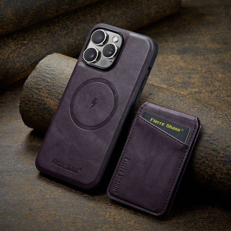 For iPhone 15 Pro Fierre Shann Cowhide Vertical Flip Magnetic Card Holder Phone Case(Purple)
