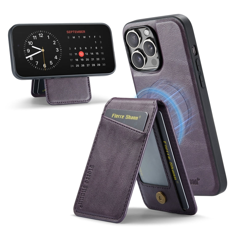 For iPhone 15 Pro Fierre Shann Cowhide Vertical Flip Magnetic Card Holder Phone Case(Purple)