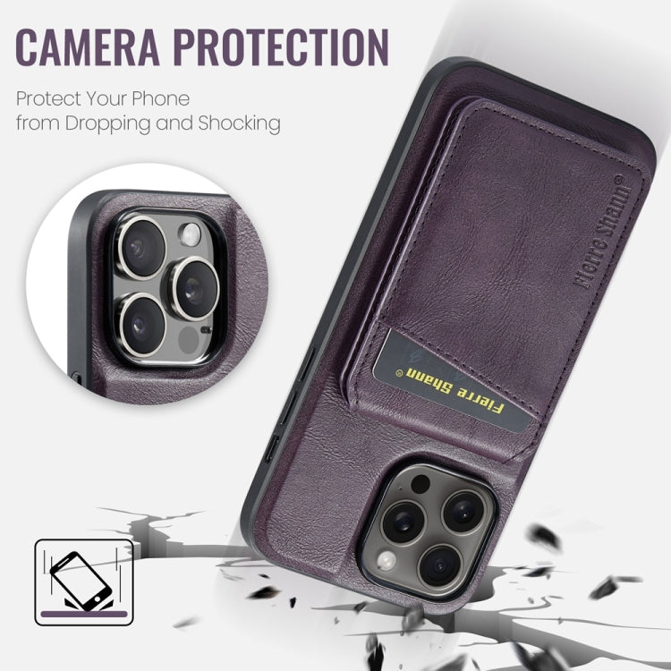 For iPhone 15 Pro Fierre Shann Cowhide Vertical Flip Magnetic Card Holder Phone Case(Purple)