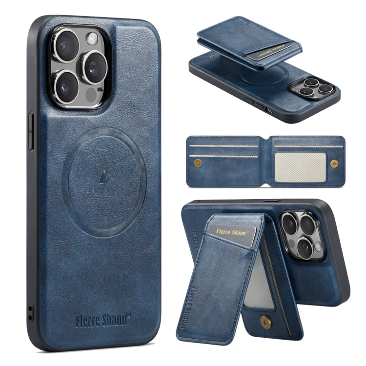 For iPhone 14 Pro Max Fierre Shann Cowhide Vertical Flip Magnetic Card Holder Phone Case(Blue)
