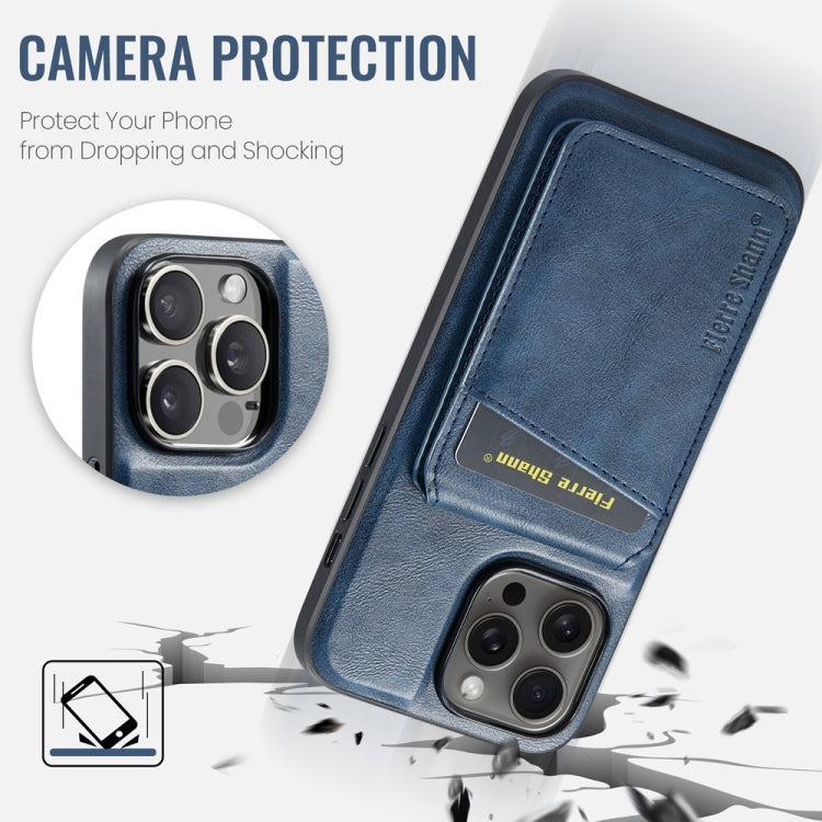 For iPhone 14 Pro Max Fierre Shann Cowhide Vertical Flip Magnetic Card Holder Phone Case(Blue)