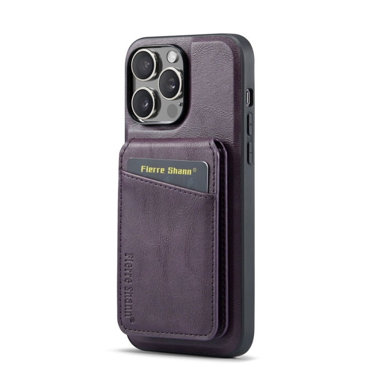 For iPhone 14 Pro Max Fierre Shann Cowhide Vertical Flip Magnetic Card Holder Phone Case(Purple)