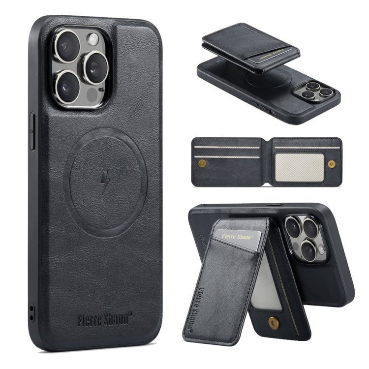 For iPhone 14 Pro Fierre Shann Cowhide Vertical Flip Magnetic Card Holder Phone Case(Black)
