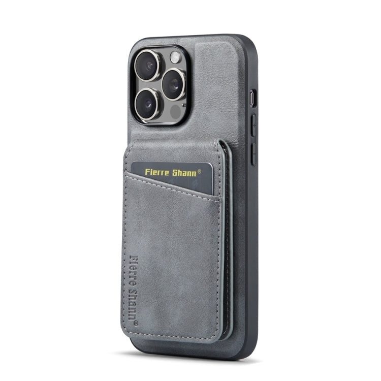 For iPhone 14 Pro Fierre Shann Cowhide Vertical Flip Magnetic Card Holder Phone Case(Grey)