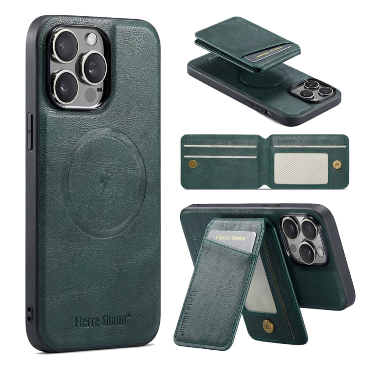 For iPhone 13 Pro Max Fierre Shann Cowhide Vertical Flip Magnetic Card Holder Phone Case(Green)