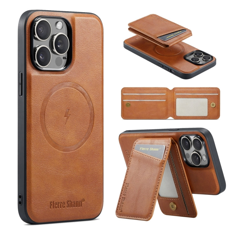 For iPhone 13 Pro Fierre Shann Cowhide Vertical Flip Magnetic Card Holder Phone Case(Brown)