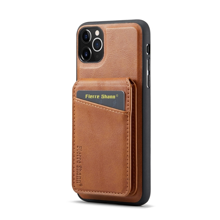 For iPhone 11 Pro Max Fierre Shann Cowhide Vertical Flip Magnetic Card Holder Phone Case(Brown)