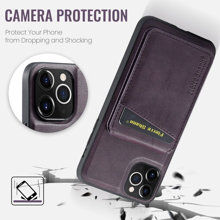 For iPhone 11 Pro Max Fierre Shann Cowhide Vertical Flip Magnetic Card Holder Phone Case(Purple)