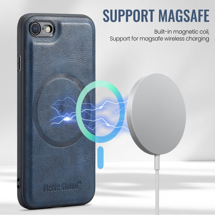 For iPhone SE 2022 / SE 2020 / 8 / 7 Fierre Shann Cowhide Vertical Flip Magnetic Card Holder Phone Case(Blue)