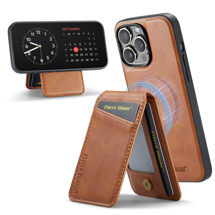 For iPhone 16 Pro Max Fierre Shann Cowhide Vertical Flip Magnetic Card Holder Phone Case(Brown)