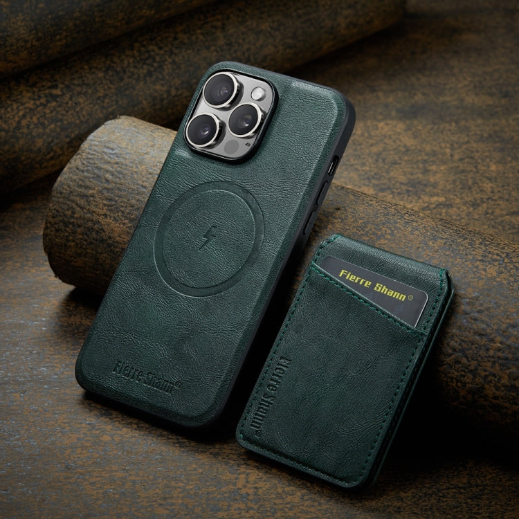 For iPhone 16 Pro Max Fierre Shann Cowhide Vertical Flip Magnetic Card Holder Phone Case(Green)