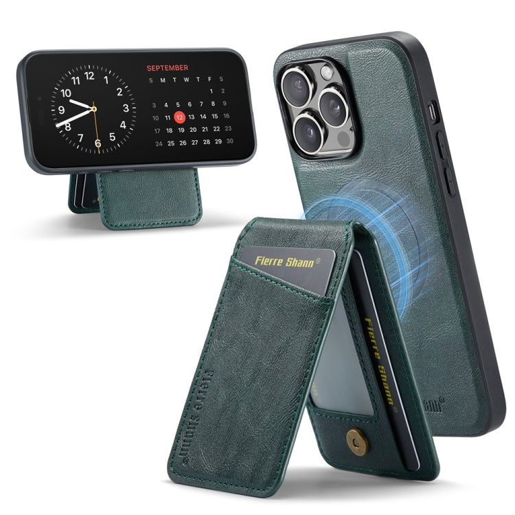 For iPhone 16 Pro Fierre Shann Cowhide Vertical Flip Magnetic Card Holder Phone Case(Green)