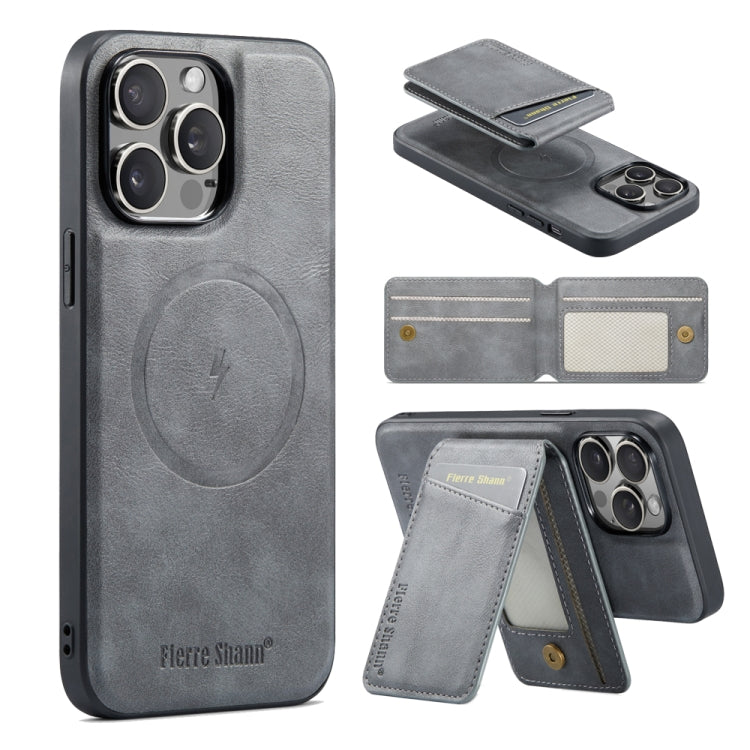 For iPhone 16 Pro Fierre Shann Cowhide Vertical Flip Magnetic Card Holder Phone Case(Grey)