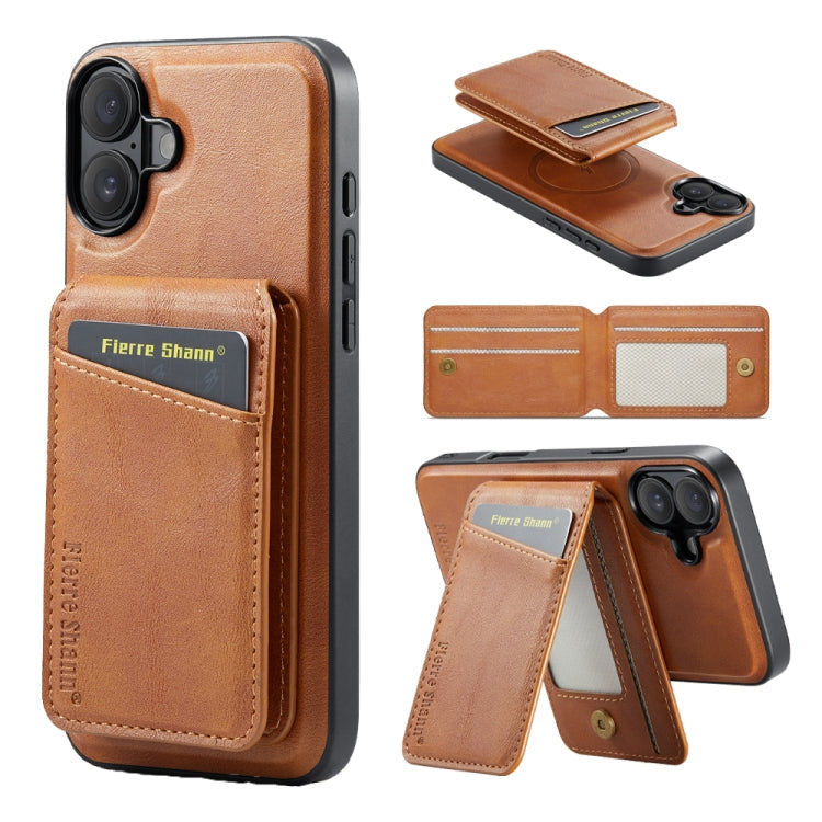 For iPhone 16 Plus Fierre Shann Cowhide Vertical Flip Magnetic Card Holder Phone Case(Brown)
