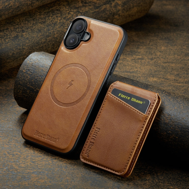 For iPhone 16 Plus Fierre Shann Cowhide Vertical Flip Magnetic Card Holder Phone Case(Brown)
