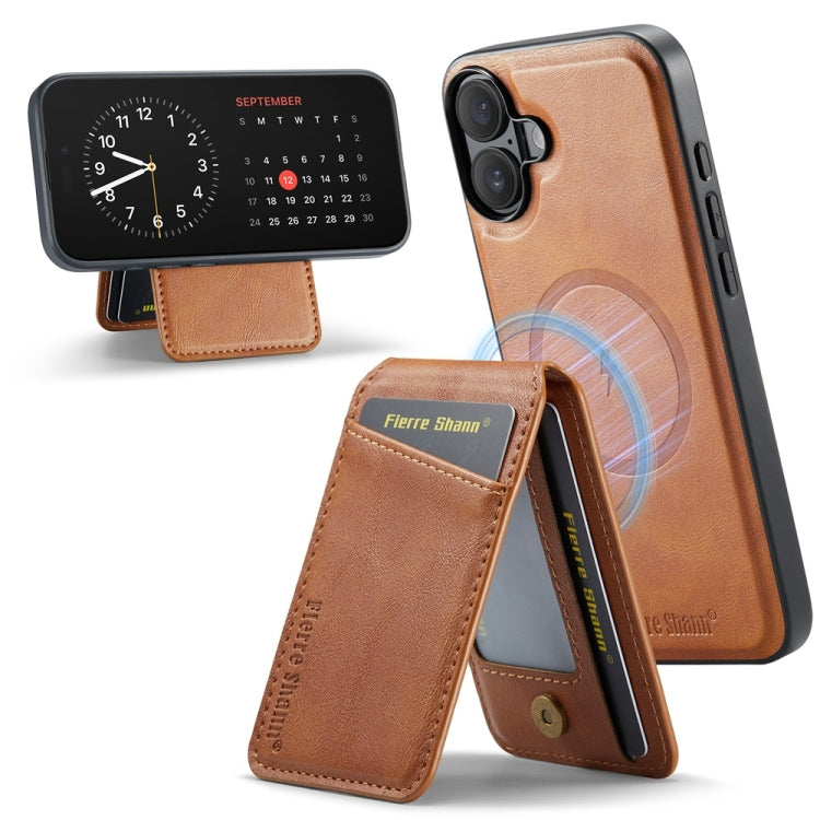 For iPhone 16 Plus Fierre Shann Cowhide Vertical Flip Magnetic Card Holder Phone Case(Brown)