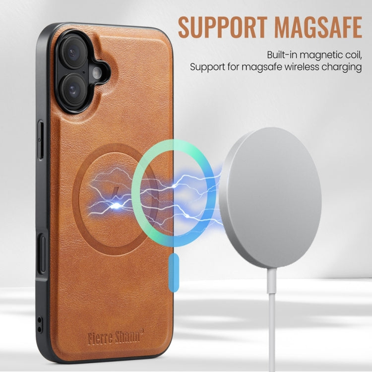 For iPhone 16 Plus Fierre Shann Cowhide Vertical Flip Magnetic Card Holder Phone Case(Brown)