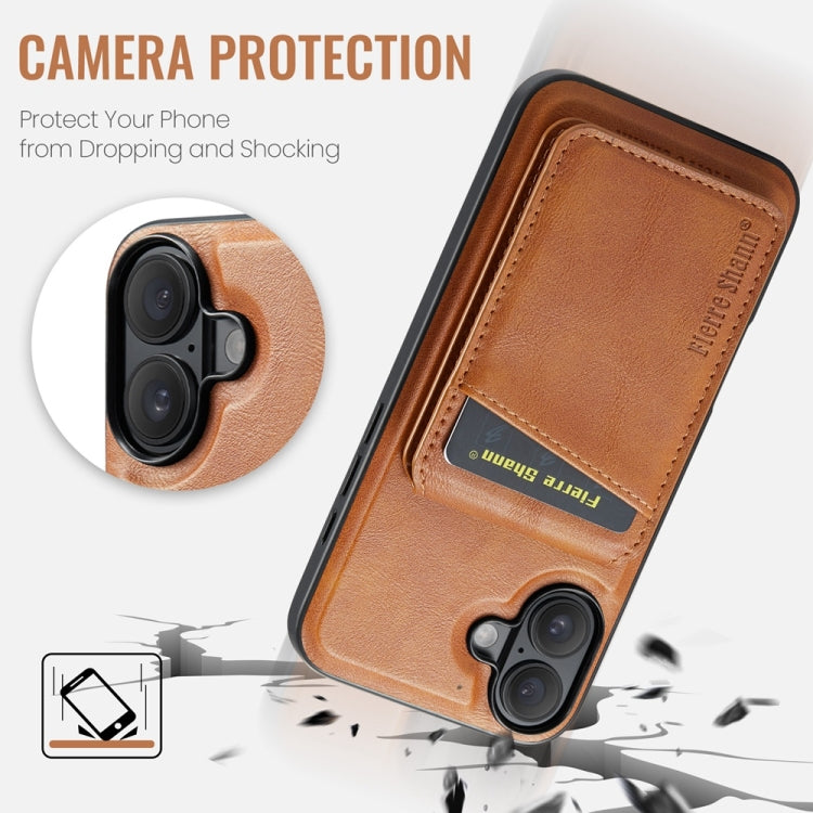 For iPhone 16 Plus Fierre Shann Cowhide Vertical Flip Magnetic Card Holder Phone Case(Brown)