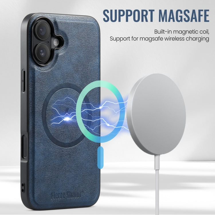 For iPhone 16 Plus Fierre Shann Cowhide Vertical Flip Magnetic Card Holder Phone Case(Blue)
