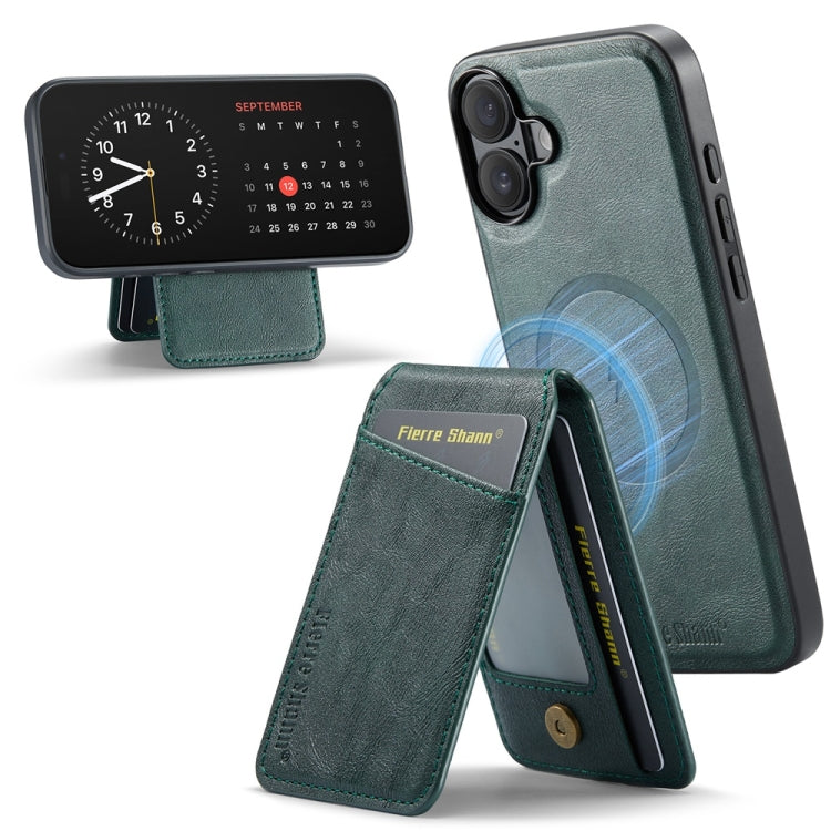 For iPhone 16 Plus Fierre Shann Cowhide Vertical Flip Magnetic Card Holder Phone Case(Green)