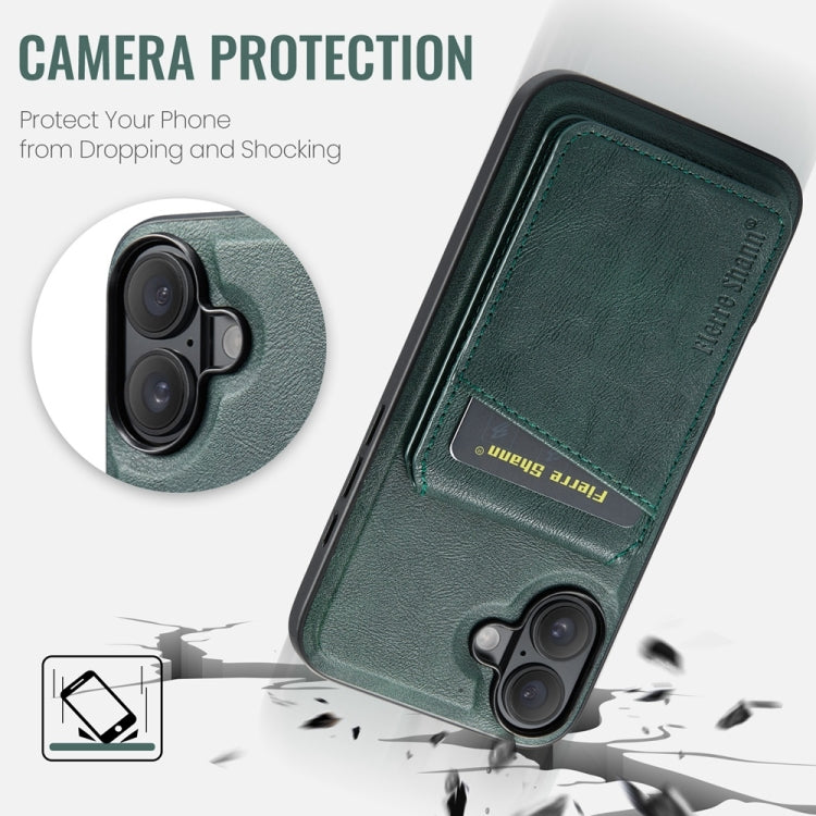For iPhone 16 Plus Fierre Shann Cowhide Vertical Flip Magnetic Card Holder Phone Case(Green)