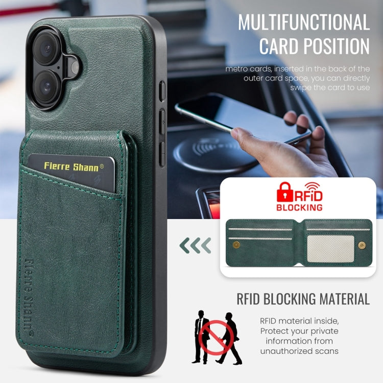 For iPhone 16 Plus Fierre Shann Cowhide Vertical Flip Magnetic Card Holder Phone Case(Green)