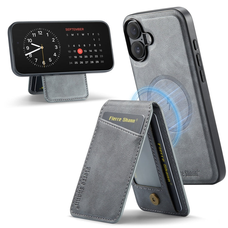 For iPhone 16 Plus Fierre Shann Cowhide Vertical Flip Magnetic Card Holder Phone Case(Grey)