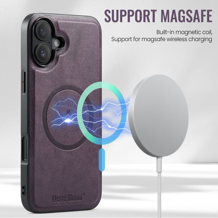 For iPhone 16 Plus Fierre Shann Cowhide Vertical Flip Magnetic Card Holder Phone Case(Purple)